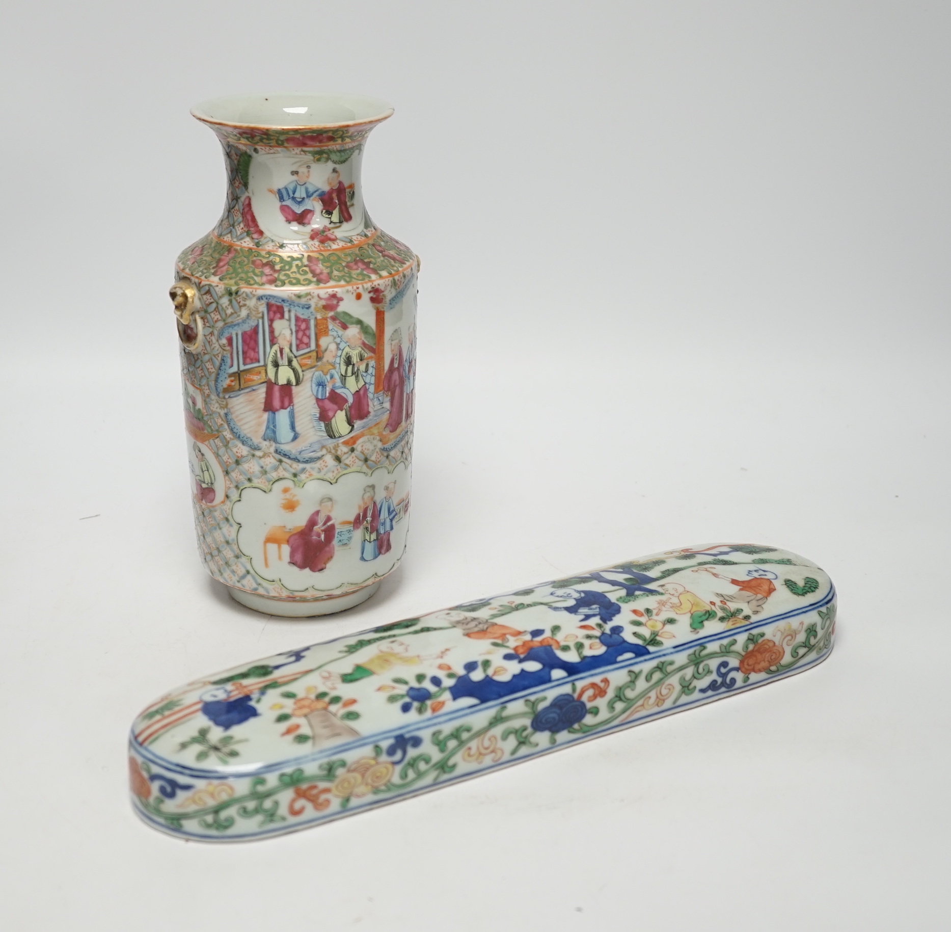 A Chinese famille rose vase and a porcelain cover decorated with children, largest 33cm wide